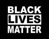 Black Lives Matter logo, white caps on black background; 'lives' inverted
