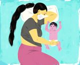 Painting of a parent with long black ponytail lying on their sidewearing a mask, curled around a baby wearing a diaper