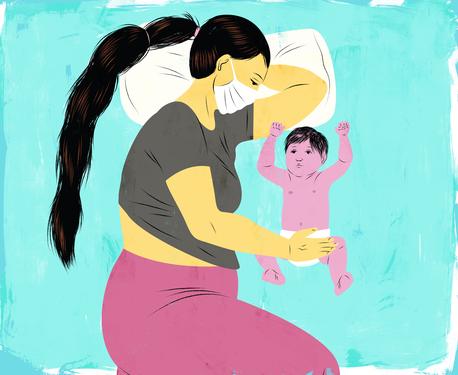 Painting of a parent with long black ponytail lying on their side wearing a mask, curled around a baby wearing a diaper 